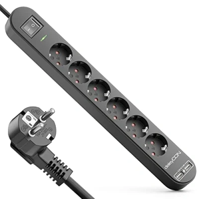 Afbeelding van deleyCON Verlengdozen 3,0m Stopcontactstrip met 6 Vakken &amp; USB 6x Beschermende Contactdozen 2x A Laadcontactdoos voor bijv. Smartphone Tablet Overspanningsbeveiliging AAN/UIT Schakelaar Zwart