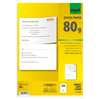 Afbeelding van SIGEL LP202 Speciaal Microgeperforeerd multifunctioneel kantoorpapier, wit, A5/A4, 80gsm, 100 A4 vellen gelijk aan 200 A5