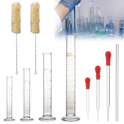 Afbeelding van Meetcilinder, glas, 10 stuks dik gegradueerde glazen maatcilinderset met 4 maatcilinders, 5 ml/10 ml/50 ml/100 ml, 3 pietten, 1 staaf, 2 borstels voor reageerbuis