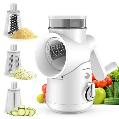 Afbeelding van KitchenBoss Handmatige kaasrasp, professionele snijmachine: groentesnijder 3 in 1, met zwengel en verwisselbare messen van roestvrij staal, geschikt voor veel groenten fruit, wit