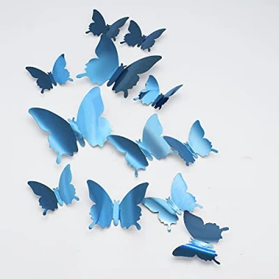 Afbeelding van CAYUDEN 24 Stuks Vlinder Muurstickers 3D sticker spiegel vlinder,met Kleefpunten Vlinders Stickers voor muurschilderingenDecoratie Art Muursticker Kamer Thuis Klas Kantoren Decor (Blauw)