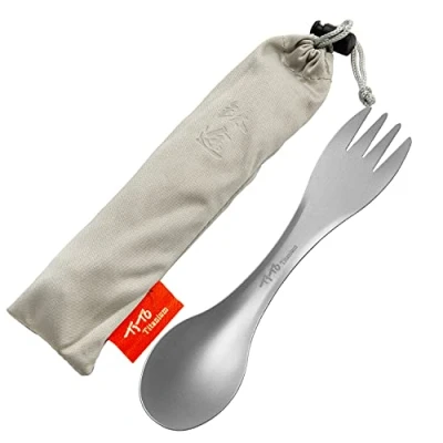 Afbeelding van TiTo Titanium Spork 2 in 1 ultralicht, lepelvork, servies voor outdoor, kamperen, backpacken, wandelen, reizen, picknicks en thuis, met tas (zandstralen)