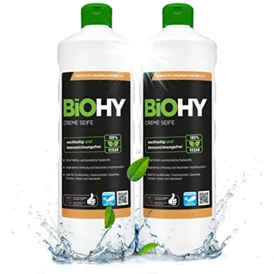 Afbeelding van BiOHY Crème zeep (2 x 1l Fles) Zachte, vette en reukloze handzeepvuller uit de groentesector PHOSPHATFREI Zonder parfum kleurstoffen (Creme Seife)