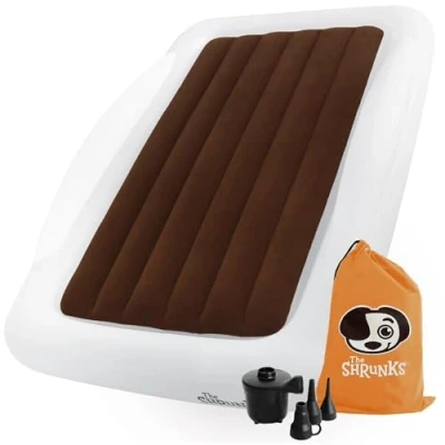 Afbeelding van The Shrunks® Opblaasbaar reisbed voor kinderen met valbescherming Gevlokt luchtmatras reizen, overnachtingen, camping wit/bruin bijzetbed in hotels of thuis 152 x 94 cm