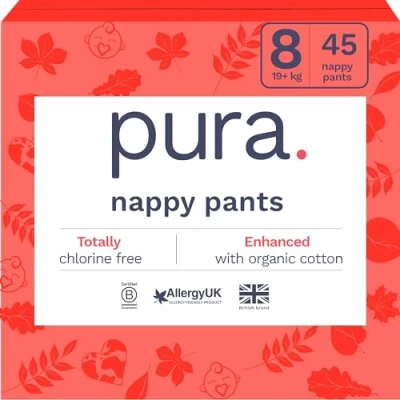 Afbeelding van Pura Eco Nappy Pants maat 8 (19 kg +), 3 x 15 Nappies (45 in totaal), wegwerp babyNappies voor gevoelige &amp; Allergy Prone Skin, hypoallergeen, geurvrij, Easy Tear Side