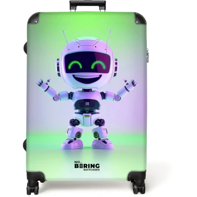 Afbeelding van NoBoringSuitcases.com® Koffer groot Reiskoffer lichtgewicht Robot Futuristisch Groen Rolkoffer met 4 wielen Grote trolley XL 98 liter bagage