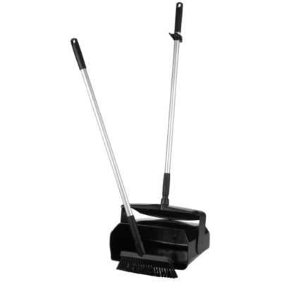 Afbeelding van Vikan Stofblikken met Lange Steel Hygiene Combinatieset Stofblik 350mm Zwart Medium Veger 250mm en ALU 840mm