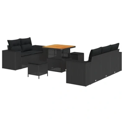 Afbeelding van vidaXL 8 delige Tuin Sofa Set met Kussens Zwart Poly Rattan Acacia, 3 Eettafel Acacia