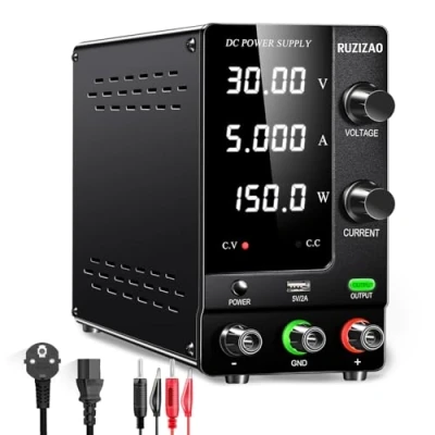 Afbeelding van RUZIZAO Laboratoriumvoeding, 30 V, 5 A, stabiele voeding, verstelbaar, met encoder en uitgangsschakelaar, verstelbare voeding 4 cijferig led display USB poort V/2 A