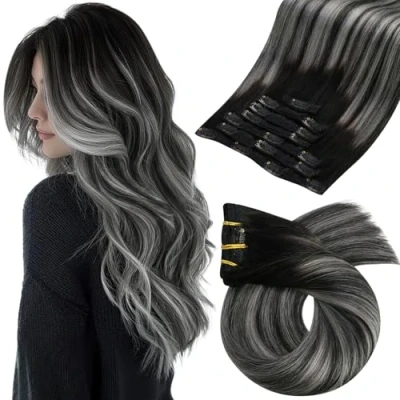 Afbeelding van Moresoo Clip in Hair Extensions Human Zwart Voor Haarverlenging Dubbele Inslag Echt Remy Haar naar zilver met #1B/Silver/1B 120g 45 cm 7PCS