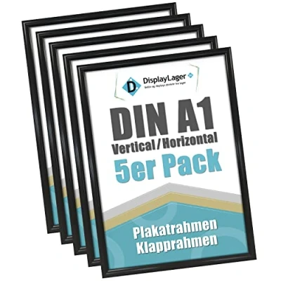 Afbeelding van DisplayLager Voordeelverpakking van 5 stuks, zwart, DIN A1 klapframe met 25 mm aluminium profiel, spiegelende beschermschijf, bevestigingsmateriaal