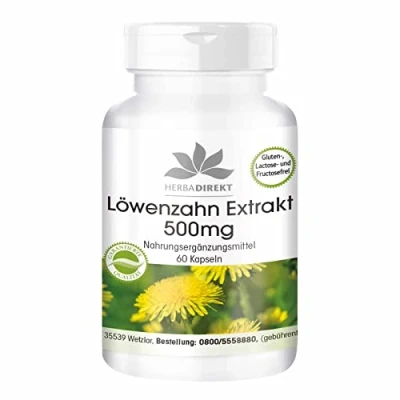 Afbeelding van Paardenbloemwortelcapsules 500mg veganistisch 60 capsules HERBADIREKT by Warnke Vitalstoffe Duitse apothekerskwalitei