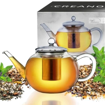 Afbeelding van Creano glazen theepot 1.2l 3 delige met geïntegreerde roestvrijstalen zeef en deksel, ideaal voor het bereiden van losse thee, druppelvrij, alles in één