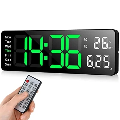 Afbeelding van Fuloon digitale led wandklok met 13 inch groot display, wekker afstandsbediening, timing en countdown, tafelklok datum, week, temperatuur voor slaapkamer, woonkamer