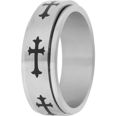 Afbeelding van Lucardi Heren Gerecycled stalen anxiety Ring met zwart kruis Staal Zilverkleurig 21 / 66 mm