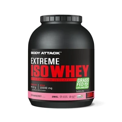 Afbeelding van Body Attack Extreme Iso Whey Strawberry, 1,8 kg CFM Proteïne isolaat van 100% Ierse weidemelk, glutenvrij, rijk aan EAA&#039;s, perfect oplosbaar, vetarm, zonder aspartaam, 90,6%