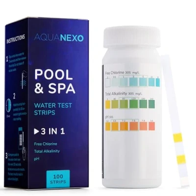 Afbeelding van AQUANEXO 100 zwembadteststrips, zwembad &amp; spa, 3 in 1, zwembadaccessoires, zwembadtester voor kinderbadjes, whirlpool, watertester zwembaden, zwembadtester, pH en chloor, teststrips