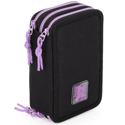 Afbeelding van Julian Ross Drievoudig gevuld etui voor kinderen, 45 accessoires de basisschool, 3 ritssluitingen, georganiseerde vakken, kleurpotloden, viltstiften, lijm, schaar, Zwart Paars, pennenhouder