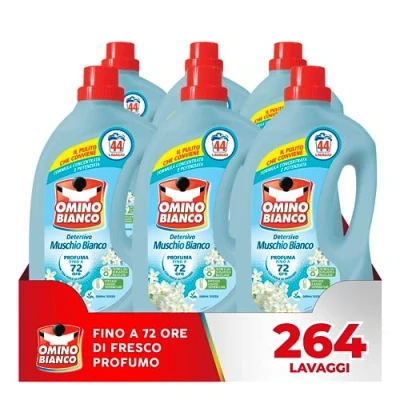 Afbeelding van Omino Bianco Vloeibaar wasmiddel, 264 wasbeurten, respecteert kleuren en stoffen, frisse geur met witte muskusessence, 1760 ml x 6 verpakkingen