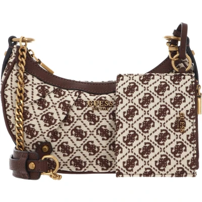 Afbeelding van GUESS Schoudertas Clelia Crossbody Top Zip Brown Logo Crème