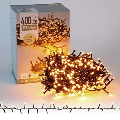 Afbeelding van ECD Germany LED Cluster Lichtketting 8m 400 LEDs Extra Warm Wit, 8 Modi, Stroom Aangedreven, IP44 Waterdicht, Binnen en Buiten, Kerstverlichting Kerstboom Getuft