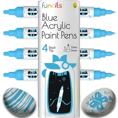 Afbeelding van 4 Dual Tip Blue Paint Pen Metallic Fijne &amp; Medium Acryl Markers Blauwe Verf Marker voor Metaal, Hout, Rock Painting, Canvas, Keramiek, Glas, Stof, Blad en Plastic Inkt op waterbasis