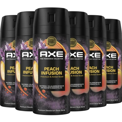 Afbeelding van AXE Fine Fragrance Collection Premium Deodorant Bodyspray Peach Infusion met de geur van patchoeli en amber 6 x 150 ml