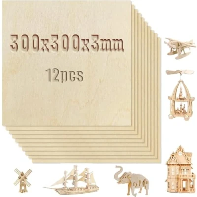 Afbeelding van MIVIDE Lindehout, 12 stuks, 300 x 3 mm multiplexplaat, knutselhouten platen, houten platen voor het knutselen doe zelf, model, schilderen, graveren