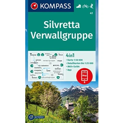 Afbeelding van Carta escursionistica Kom 41. Silvretta, Verwallgruppe: 4in1 Wanderkarte, mit Aktiv Guide und Detailkarten inklusive Karte zur offline Verwendung in der KOMPASS App. Fahrradfahren. Skitouren.