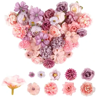 Afbeelding van 40 stuks kunstbloemen, bloemen om te knutselen met 9 stijlen, mini zijden bloemen, kunstbloemkoppen voor bruiloft, thuis, doe het zelf handwerk, scrapbooking, decoratieve kunstbloemen