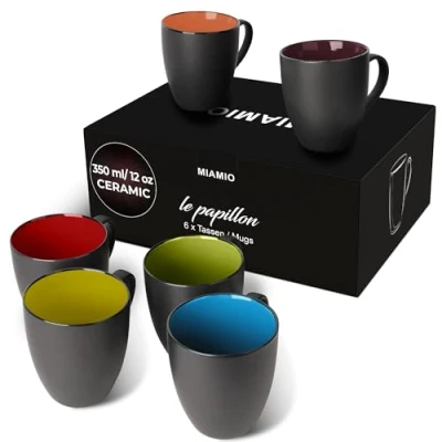 Afbeelding van MIAMIO 6 x 350 ml aardewerk koffiemokken/beker set zwarte buitenkant kleurrijke binnenkant (Gemengd)