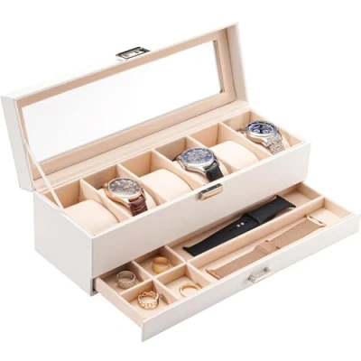 Afbeelding van ProCase horlogedoos met 6 vakken, glazen deksel, 2 niveaus, horlogekoffer uitneembare horlogekussens, voor sieraden, ringen, armbanden en halskettingen, wit