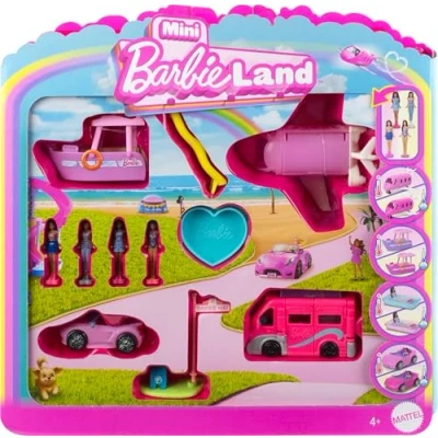 Afbeelding van Barbie Mini BarbieLand, set van 4 poppen en speelgoedvoertuigen met cm iconische een verrassende kleurverandering, JDB85