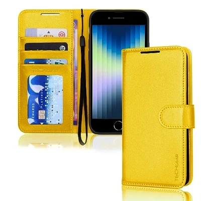 Afbeelding van TECHGEAR Leren portemonneehoesje voor iPhone SE 2022 5G / 2020, 8/7/6, flipcase, kaarthouder standaard, polsband, geel PU leer, magnetische sluiting 3 2 8 7 6 6s