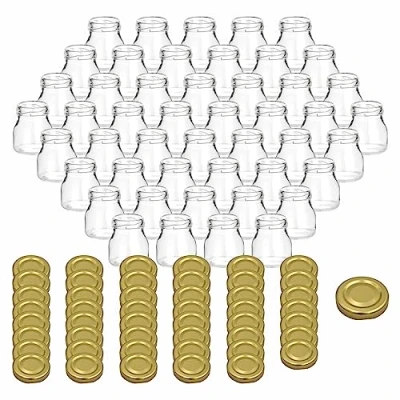 Afbeelding van gouveo Set van 48 inmaakpotten, 50 ml, mini, met schroefdeksel, goudkleurig, mini voorraadpotten draaisluiting, jampotten, kruidenpotten, weckpotten
