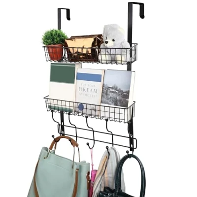 Afbeelding van Belle Vous Over De Deur Haak Organizer Hanger Zware Kwaliteit Zwart Ijzeren Plank met 5 Haken &amp; 2 Gaas Manden Hangende Badkamer/Keuken Opslag Rek voor Handdoeken, Kleding Meer