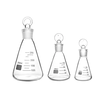 Afbeelding van QWORK® Glass Erlenmeyer Flask Set (50, 100 and 250ml), 3 Pack Graduated Borosilicate Conical with Stopper for Lab, Experiment, Chemistry