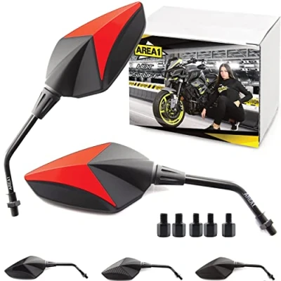Afbeelding van Area1 Premium achteruitkijkspiegel spiegel paar e getest, rood, M10 rechts + linkse schroefdraad. compatibel met MT03 MT07 MT09 MT10 MT125 Tracer XT 1200 Tenere FZ6 FZ8 FZ1 XJ6SP Vmax Tricity