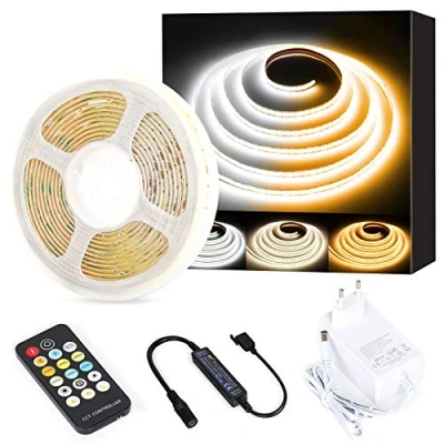 Afbeelding van PAUTIX COB LED Strip CCT Warmwit koudwit 2700K 6500K,3m 1920leds dimbaar 24V set met voeding en RF afstandsbediening voor slaapkamer, keuken, tv spiegel, doe het zelf verlichting