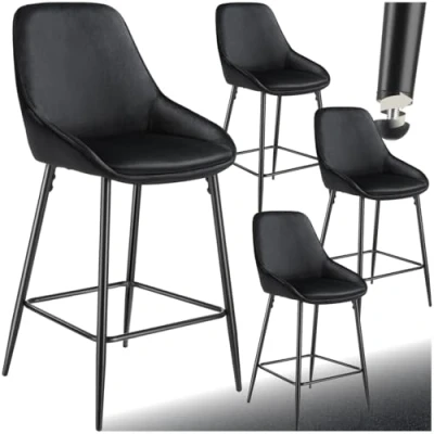 Afbeelding van tectake® Set van 4 Barkrukken Siera Gestoffeerde Barkruk met rugleuning Barstoelen Barstoel voetensteun Eetkamerstoel fluweellook bekleding en zachte schuimvulling Stevige stalen poten antislip vloerbescherming Zwart