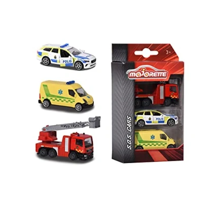 Afbeelding van Majorette 212057262033 3 Pack Zweeds Expressievoertuig met Politiewagen in Volvo V90 Model, Ambulance en Brandweerwagen Metaal Vrijloop Bewegende Onderdelen, 7,5 cm, Vanaf jaar, Multicolor