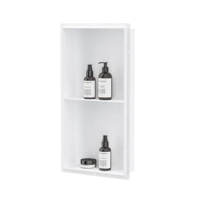 Afbeelding van Bernkot Roestvrijstalen douchebak geborsteld 60 x 30 10 cm, met dubbele planken, geen tegels nodig, wandnis voor badkameropslag, vlakke montage, wit