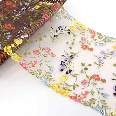 Afbeelding van Yulakes 2 yards 21 cm breed transparant gaas kleur bloem blad mesh borduurwerk hoogwaardige kanten boord lint voor ondergoed kledingstukken en bruiloftsdecoratie