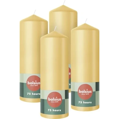 Afbeelding van Bolsius Gladde stompkaarsen, beige, 4 stuks, 20 x 7 cm, lengte brandduur 75 uur, ongeparfumeerd, bevat natuurlijke plantenwas, zonder palmolie