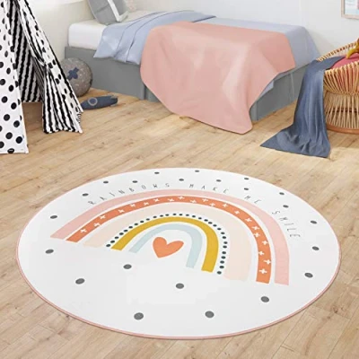 Afbeelding van Vloerkleed Kinderkamer Kindervloerkleed Babykleed Regenboog Motief Hart Design, Kleur:Crème, Maat:Ø 120 cm Rund
