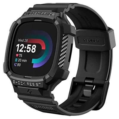Afbeelding van Fitbit Versa 4 Hoes: Spigen Rugged Armor Pro Case Shockproof/Valbescherming Bumper Black Kunststof Smart Watch Covers