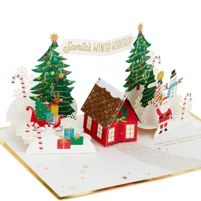 Afbeelding van Hallmark Kerstkaart, 3D en pop upkaart, kerstwerkplaats, winterwonderland, rood, groen, goud