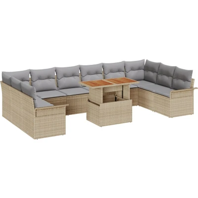 Afbeelding van vidaXL 11 delige Tuin Eettafel Set met Kussens Beige Poly Rattan Acacia