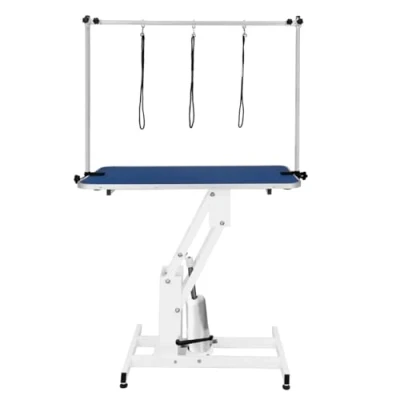 Afbeelding van Blauw Hydraulische Hondentrimeertafel Verstelbare H bar voor 180 kg 106cm x 61cm Rubberen Blad Zware Uitvoering Stalen Frame in Wit 4 Stabiele Poten 3 Lusvormige Lijnen