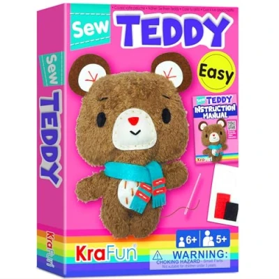 Afbeelding van KRAFUN Teddybeer dier naaikit voor kinderen Beginner Mijn eerste kunst &amp; ambacht, inclusief teddypop gevulde pop, instructies en pluche vilten materialen om te leren naaien, borduurwerk, leeftijd 7 8